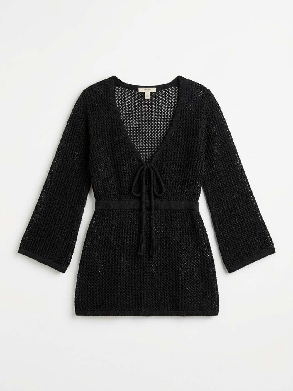 Women Open Knit Crochet Mini Dress Small S Black Lace Up Drawstring Swim Coverup